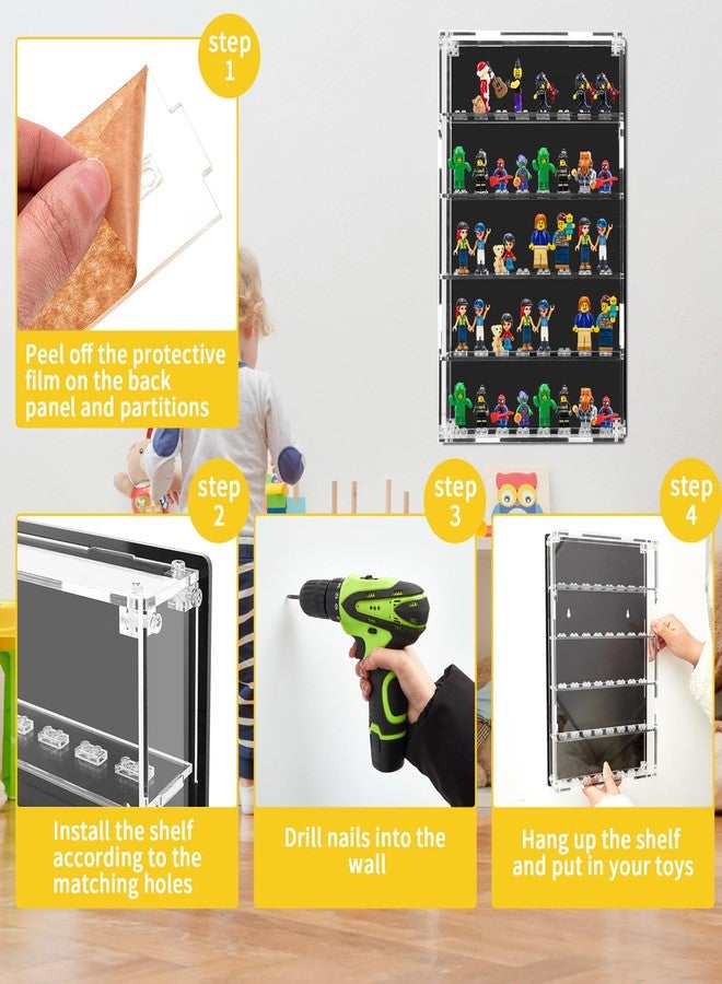 Lineshading Minifigures Display Case Wall Mounted with Built in Stands for 40 Figurines Clear Acrylic Showcase for Mini Figures 5 Tier Display Case for Mini Toys with Mounting Accessories - Image 4